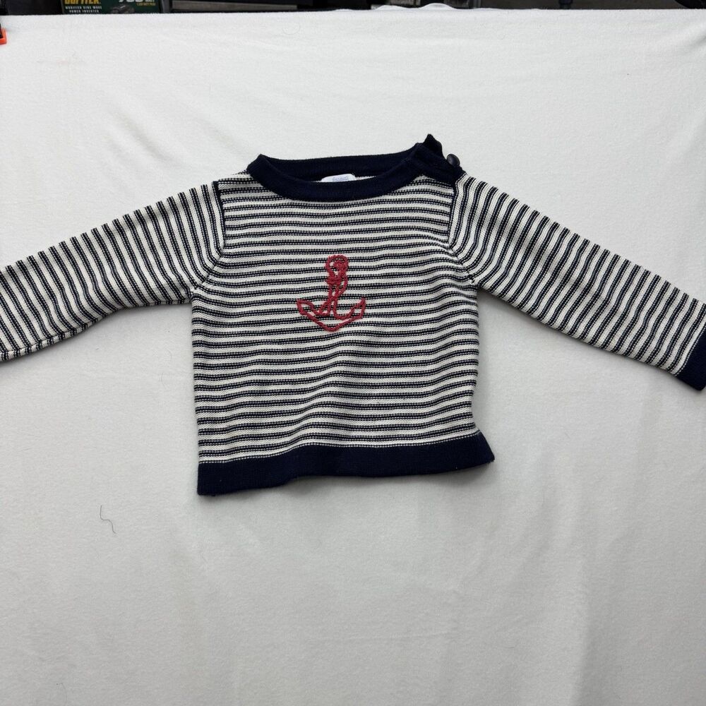 Jacadi Baby Boy Nautical Anchor Sweater 18-24M Navy White Stripe Knit Pullover